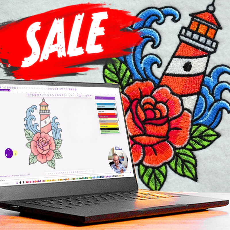 Appliqué embroidery design created in digitizing software shown alongside the finished appliqué elephant in a hoop